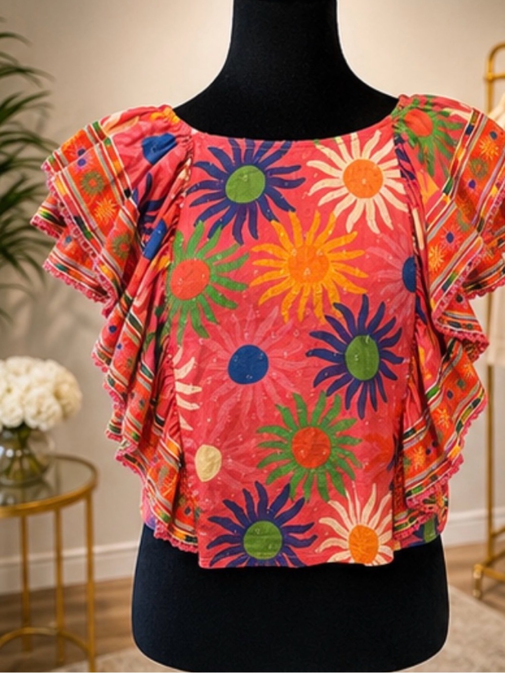 FARM Rio Coral Pink Sunburst Floral Ruffle Sleeve Top